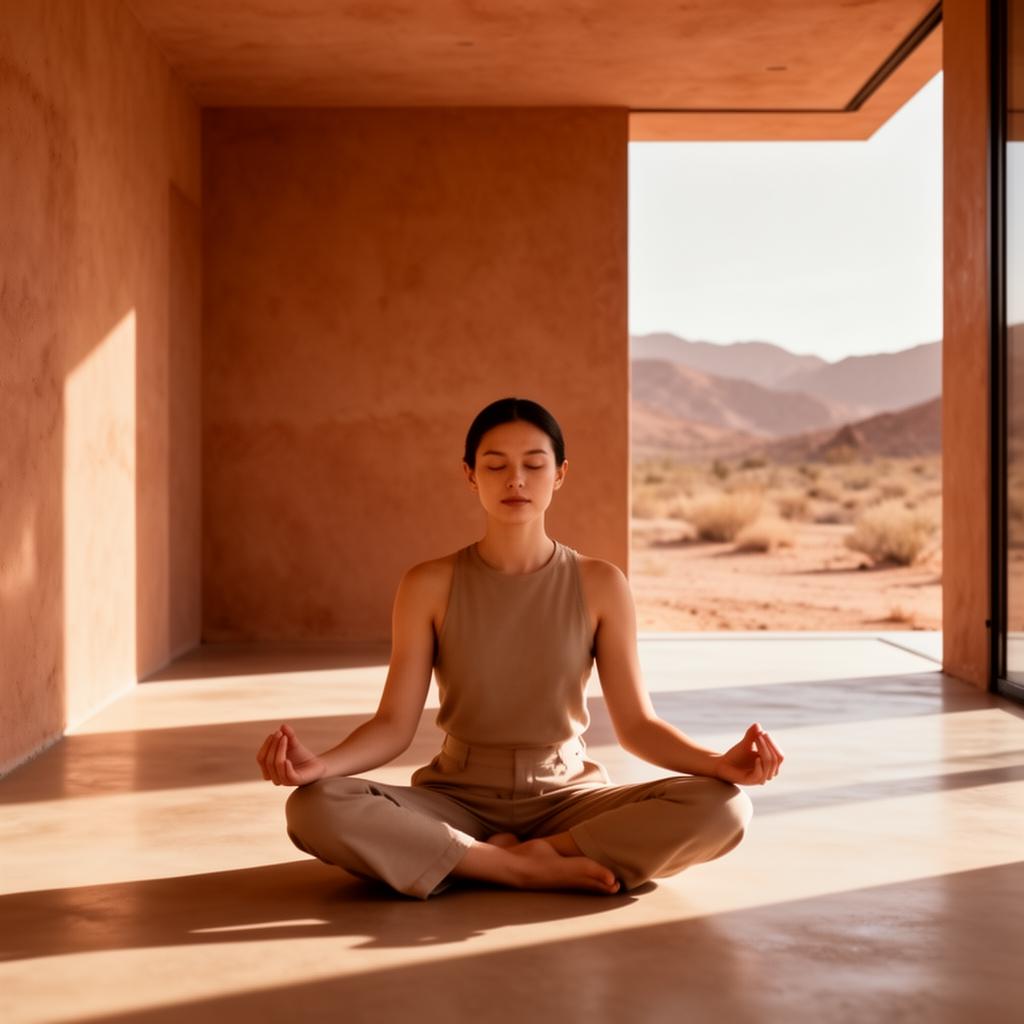A serene person meditating in a sun-drenched architectural desert home